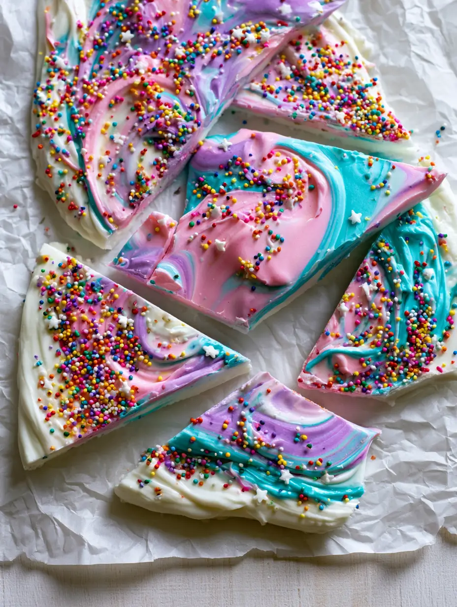 Unicorn Yogurt Bark: The Ultimate Magical Frozen Snack 3 Close-up flat-lay of Unicorn Yogurt Bark shards showing marble-like swirls of pink, turquoise, and purple.
