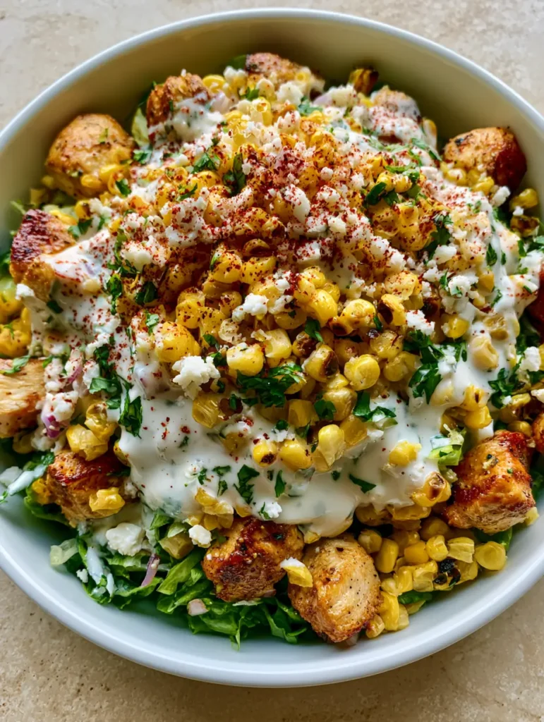 Chicken Street Corn Salad with Charred Yellow Corn and Lime Crema 1 Top-down photo of Chicken Street Corn Salad drizzled with thick white lime dressing and sprinkled with cotija and chili powder.