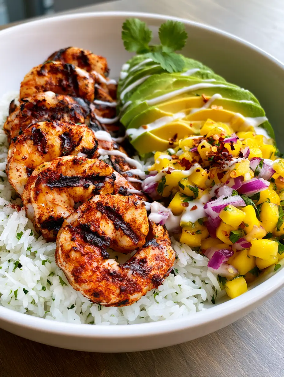 Close up of charred chili shrimp with dark grill marks in a ceramic bowl. (Healthy Shrimp and Avocado Bowls)