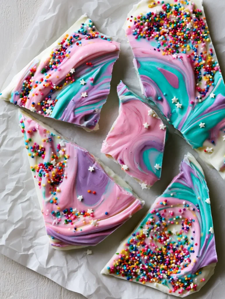 Unicorn Yogurt Bark: The Ultimate Magical Frozen Snack 1 Shattered pieces of swirled Unicorn Yogurt Bark resting on crinkled parchment paper.