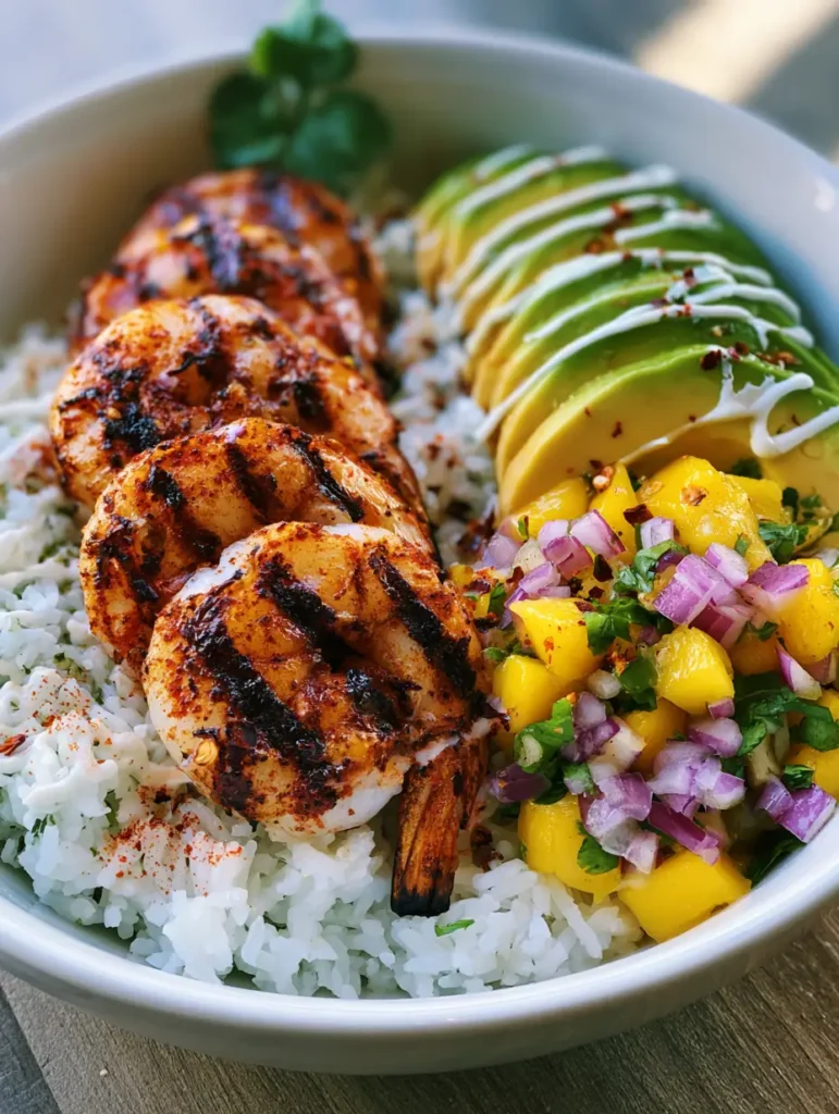 A top-down view of the mango salsa and avocado fan components. (Healthy Shrimp and Avocado Bowls)