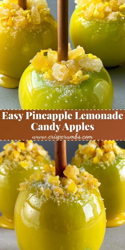 Three gourmet Pineapple Lemonade Candy Apples with a vibrant yellow translucent glaze and pineapple garnish on a gray surface.