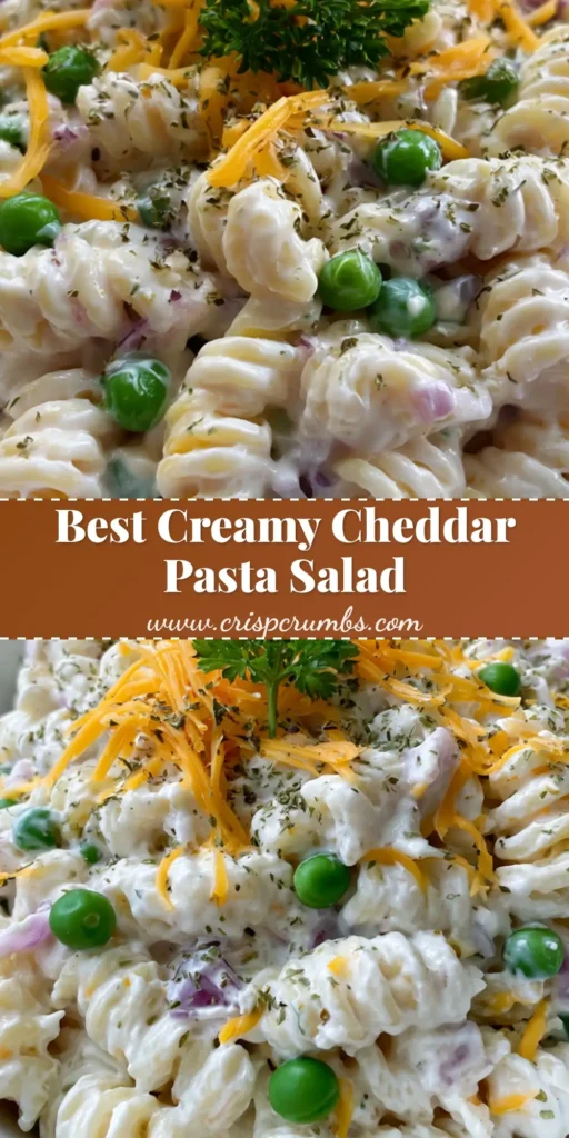 Creamy Cheddar Pasta Salad with Sweet Peas and Red Onion 4 A handheld smartphone photo of a white ceramic bowl filled with Creamy Cheddar Pasta Salad featuring rotini, bright green peas, and orange cheddar.