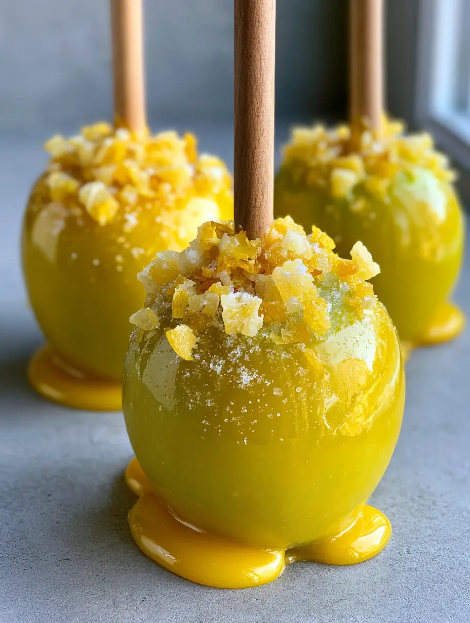 Close up of three Pineapple Lemonade Candy Apples showing the glossy yellow coating and dehydrated fruit toppings.