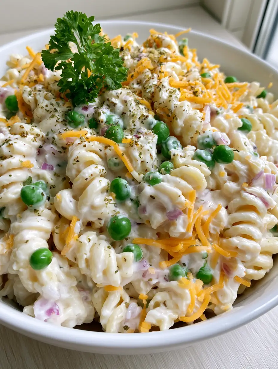 Creamy Cheddar Pasta Salad with Sweet Peas and Red Onion 3 Close-up of Creamy Cheddar Pasta Salad in a white bowl with rotini, peas, and red onions in a glossy dressing.