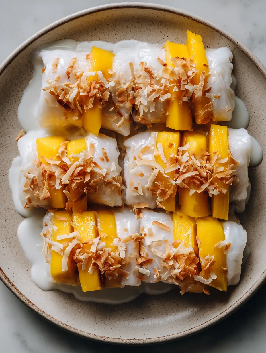 Mango Sticky Rice Rolls: The Ultimate Handheld Thai Dessert Recipe 3 A handheld smartphone photo of Mango Sticky Rice Rolls showing the translucent rice texture and toasted coconut coating.