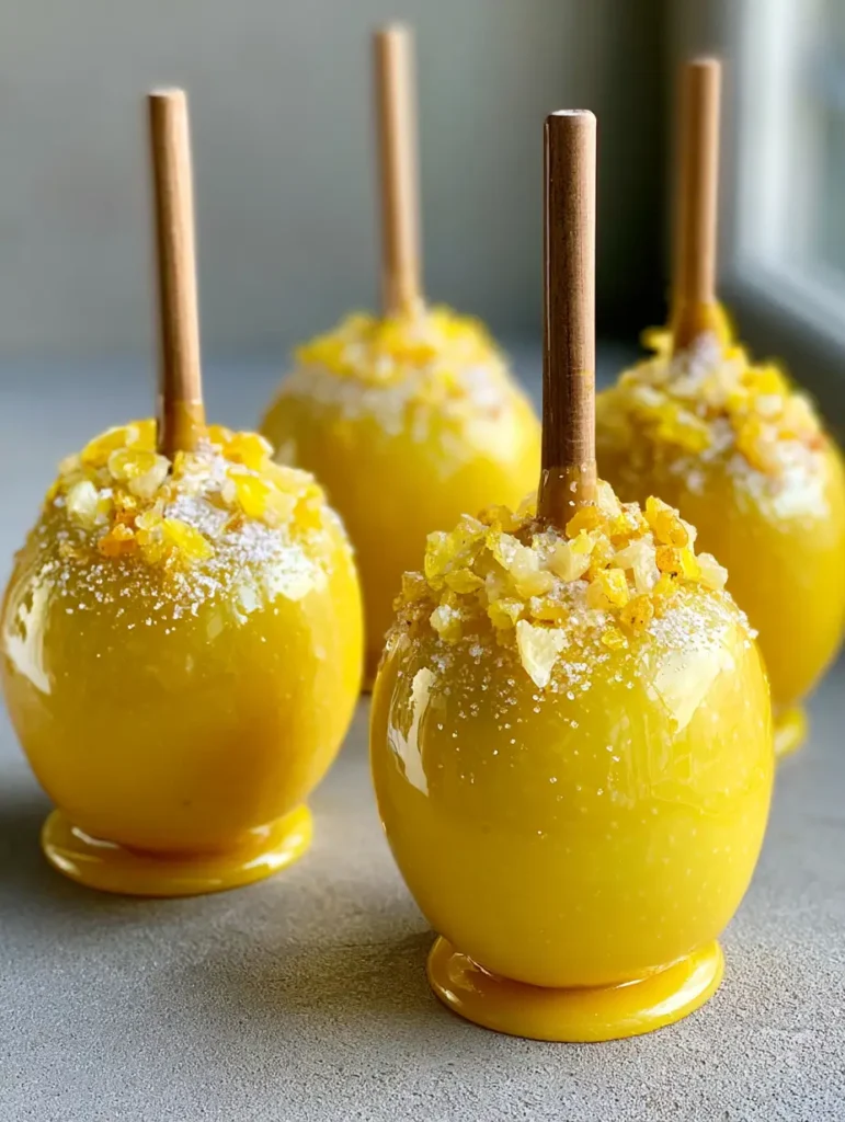 Detailed view of the pineapple and lemon garnish on top of a yellow Pineapple Lemonade Candy Apple.