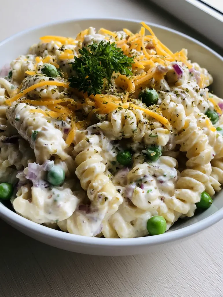 Creamy Cheddar Pasta Salad with Sweet Peas and Red Onion 1 Creamy Cheddar Pasta Salad served in a ceramic bowl on a light wooden surface with natural daylight.