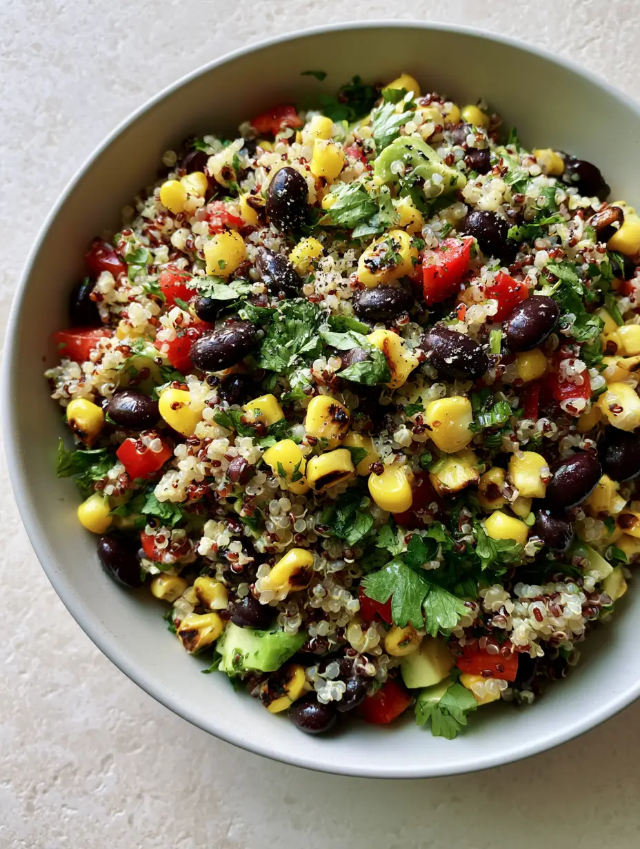 Black Bean Quinoa Salad: The Ultimate Nutrient-Dense Power Bowl 3 Close-up of white and red quinoa mixed with whole black beans and charred yellow sweet corn in a Black Bean Quinoa Salad.