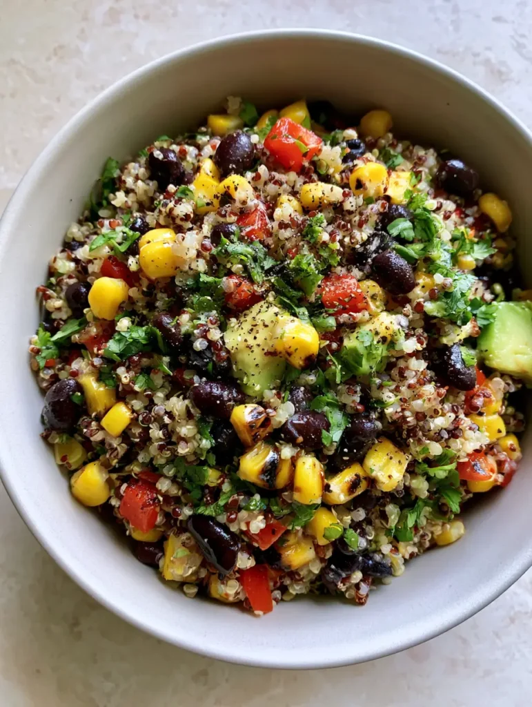 Black Bean Quinoa Salad: The Ultimate Nutrient-Dense Power Bowl 1 A shallow matte white bowl filled with Black Bean Quinoa Salad topped with cilantro and cracked black pepper.