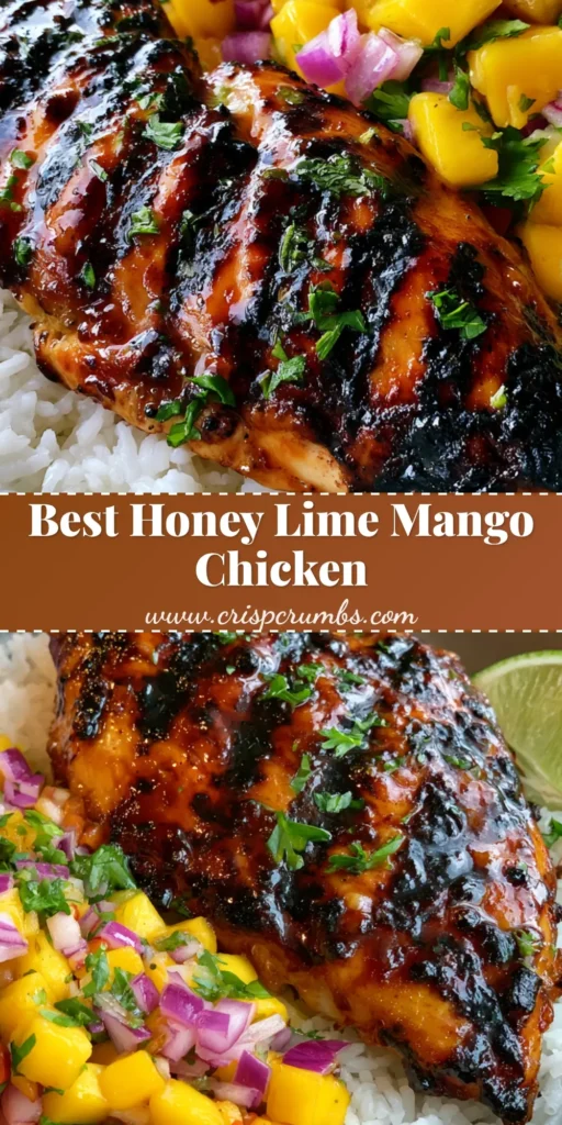 A top-down view of Honey Lime Chicken with Mango Salsa, showcasing the glossy glaze and vibrant fruit cubes on a bed of white rice.