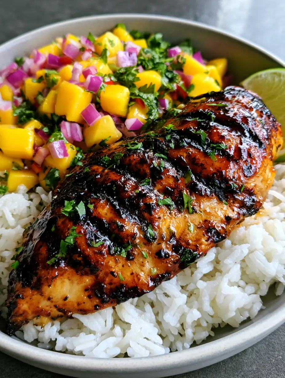 Close up of a grilled chicken breast with deep dark char marks and a glossy honey-lime glaze over fluffy rice. (Honey Lime Chicken with Mango Salsa)