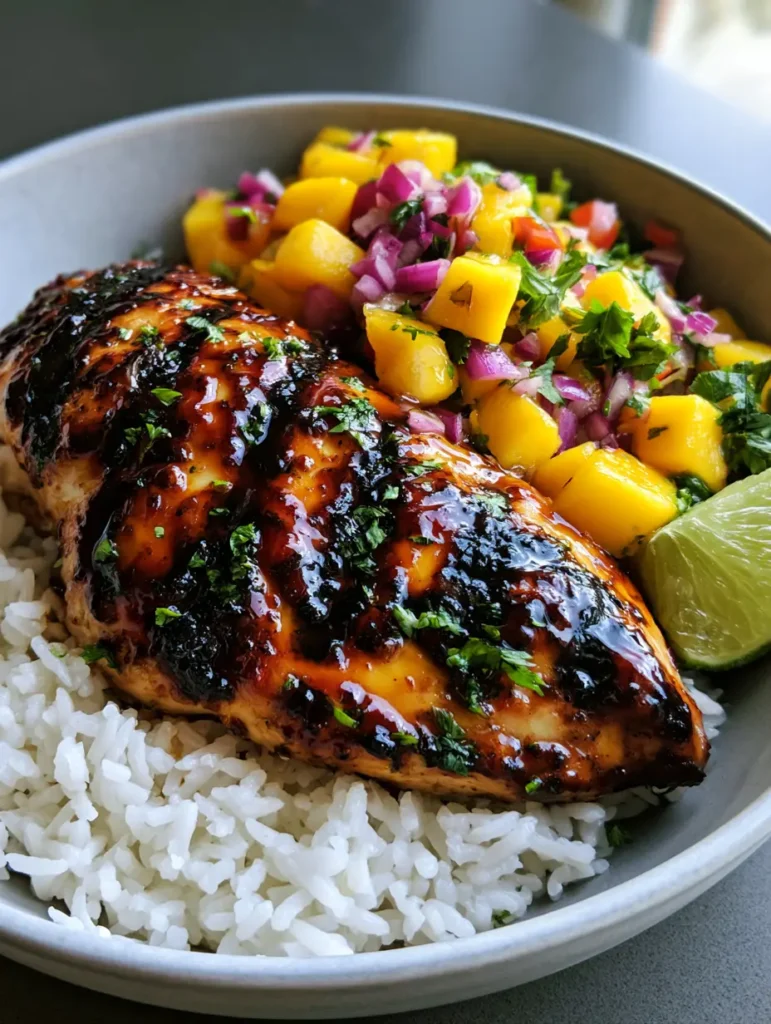 A vibrant heap of mango salsa with red peppers and cilantro served next to grilled chicken and lime. (Honey Lime Chicken with Mango Salsa)