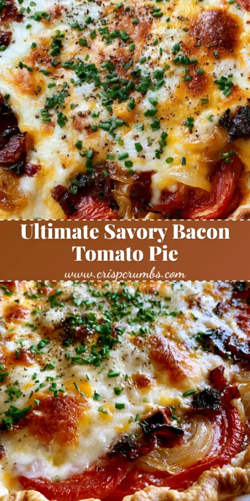 Bacon Onion Tomato Pie with a Flaky Crimped Crust 4 Top-down view of a Bacon Onion Tomato Pie with a bubbly cheddar topping and fresh chives in a white fluted dish. (Bacon Onion Tomato Pie)