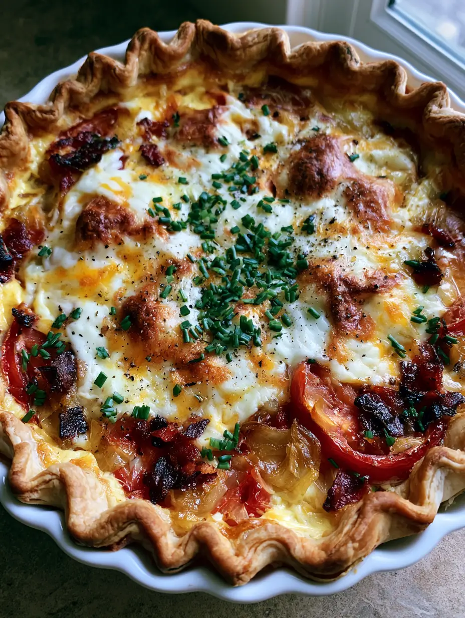 Bacon Onion Tomato Pie with a Flaky Crimped Crust 3 Close-up of melted white and yellow cheddar cheese with toasted spots on a Bacon Onion Tomato Pie. (Bacon Onion Tomato Pie)