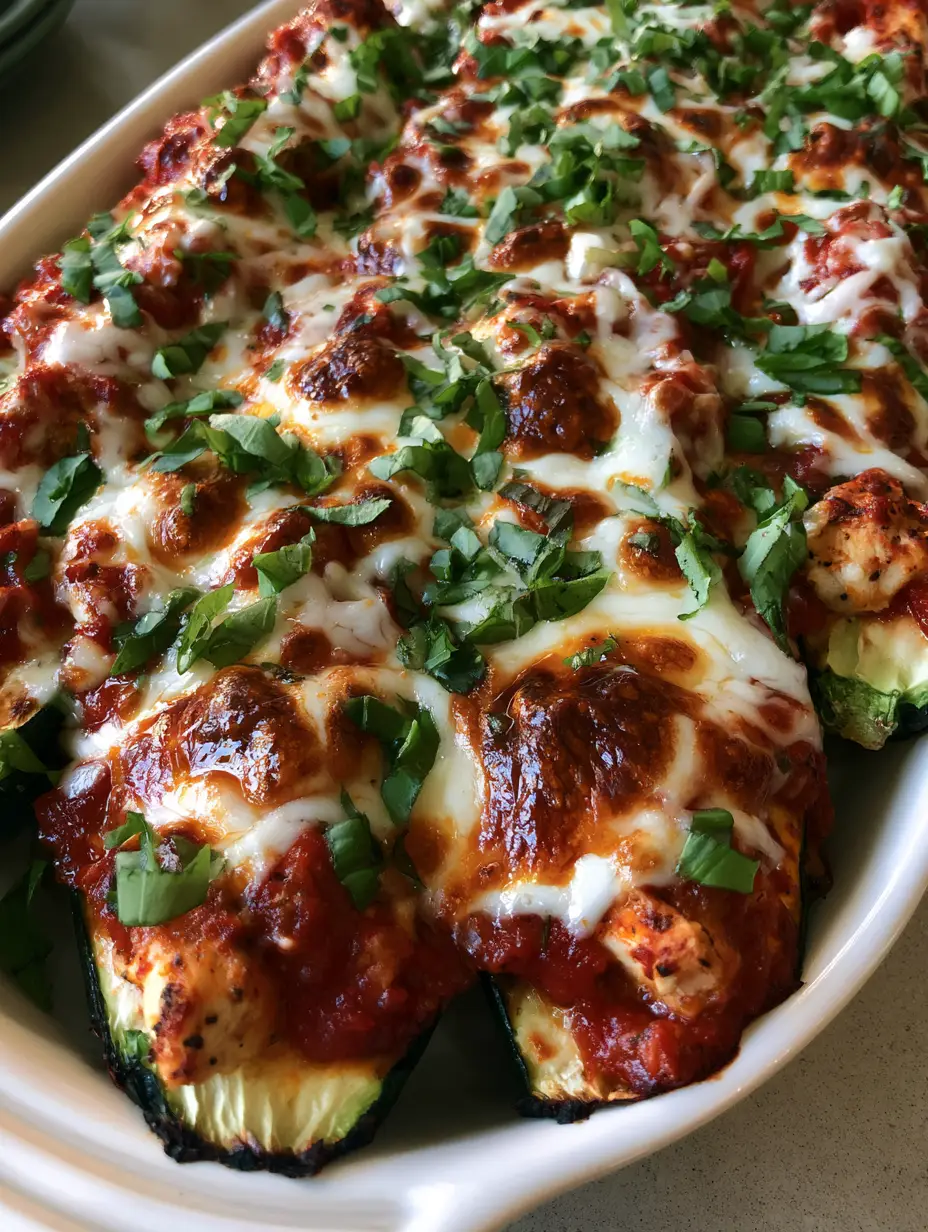 Keto Chicken Parmesan Zucchini Boats: The Ultimate Low-Carb Italian Comfort 3 Top-down view of Keto Chicken Parmesan Zucchini Boats showing dark green charred edges and thick red marinara.