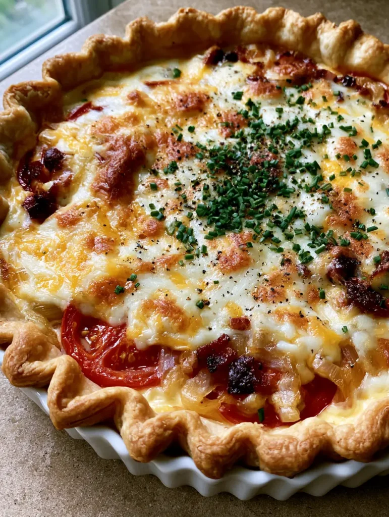 Bacon Onion Tomato Pie with a Flaky Crimped Crust 1 A savory tomato pie in a crimped flaky pastry crust with visible bacon crumbles and chives. (Bacon Onion Tomato Pie)