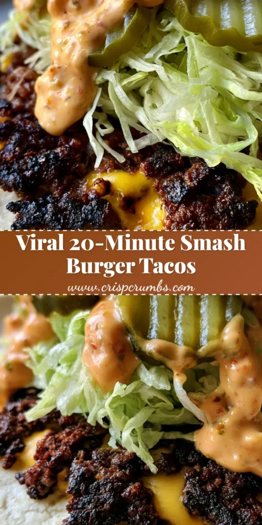A single Smash Burger Taco held in hand, showing a crispy seared beef patty, melted yellow cheese, shredded lettuce, and crinkle-cut pickles on a toasted flour tortilla.