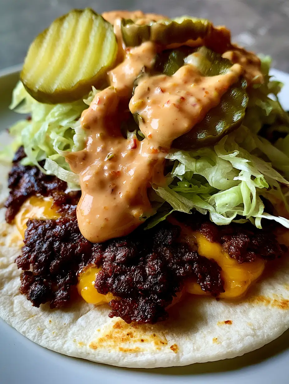 Close-up of seared ground beef patty with crispy brown edges pressed onto a flour tortilla for Smash Burger Tacos.