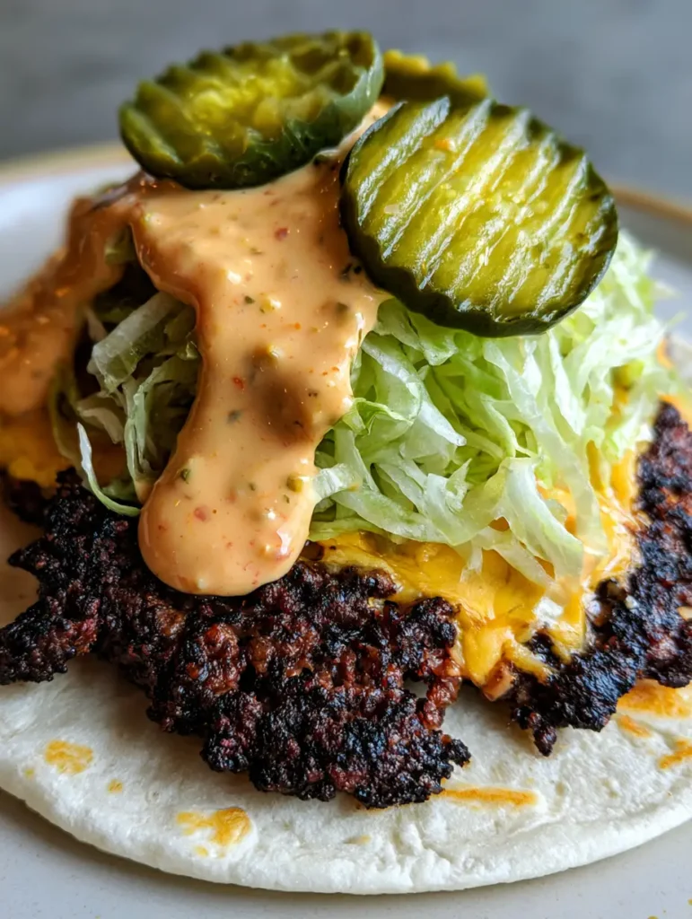 A Smash Burger Taco topped with creamy orange sauce, relish flecks, and finely shredded iceberg lettuce.