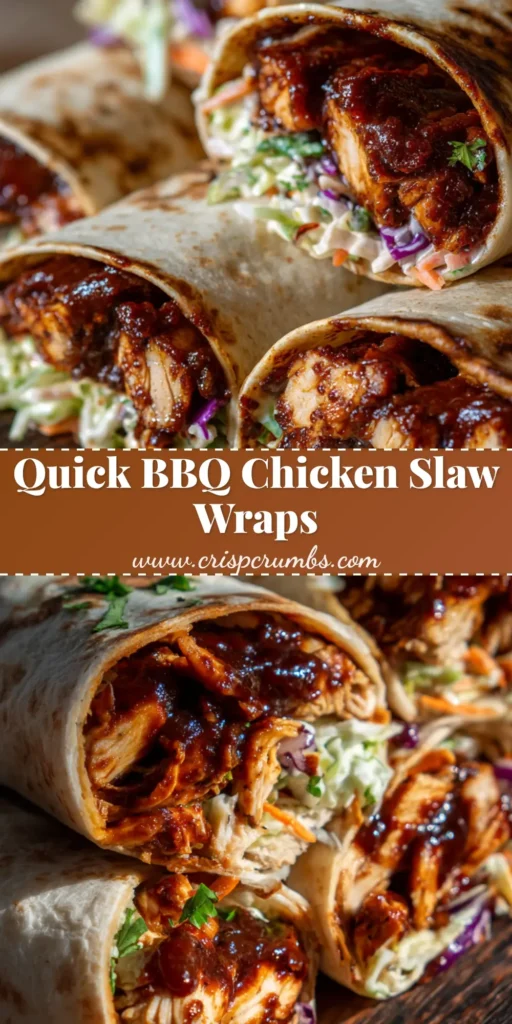 BBQ Chicken Coleslaw Wraps with Smoky Mahogany Sauce 4 A close-up of sliced BBQ Chicken Coleslaw Wraps on a wooden board showing glossy dark BBQ sauce and colorful tricolor slaw.