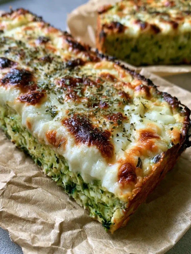 Rectangular slices of zucchini breadsticks topped with dried oregano flakes and melted cheese.