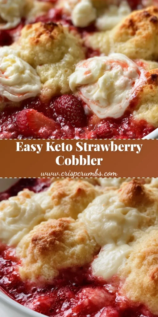 A domestic close-up of Keto Strawberry Cream Cheese Cobbler in a white dish, featuring bubbly strawberries and a golden-brown crust.