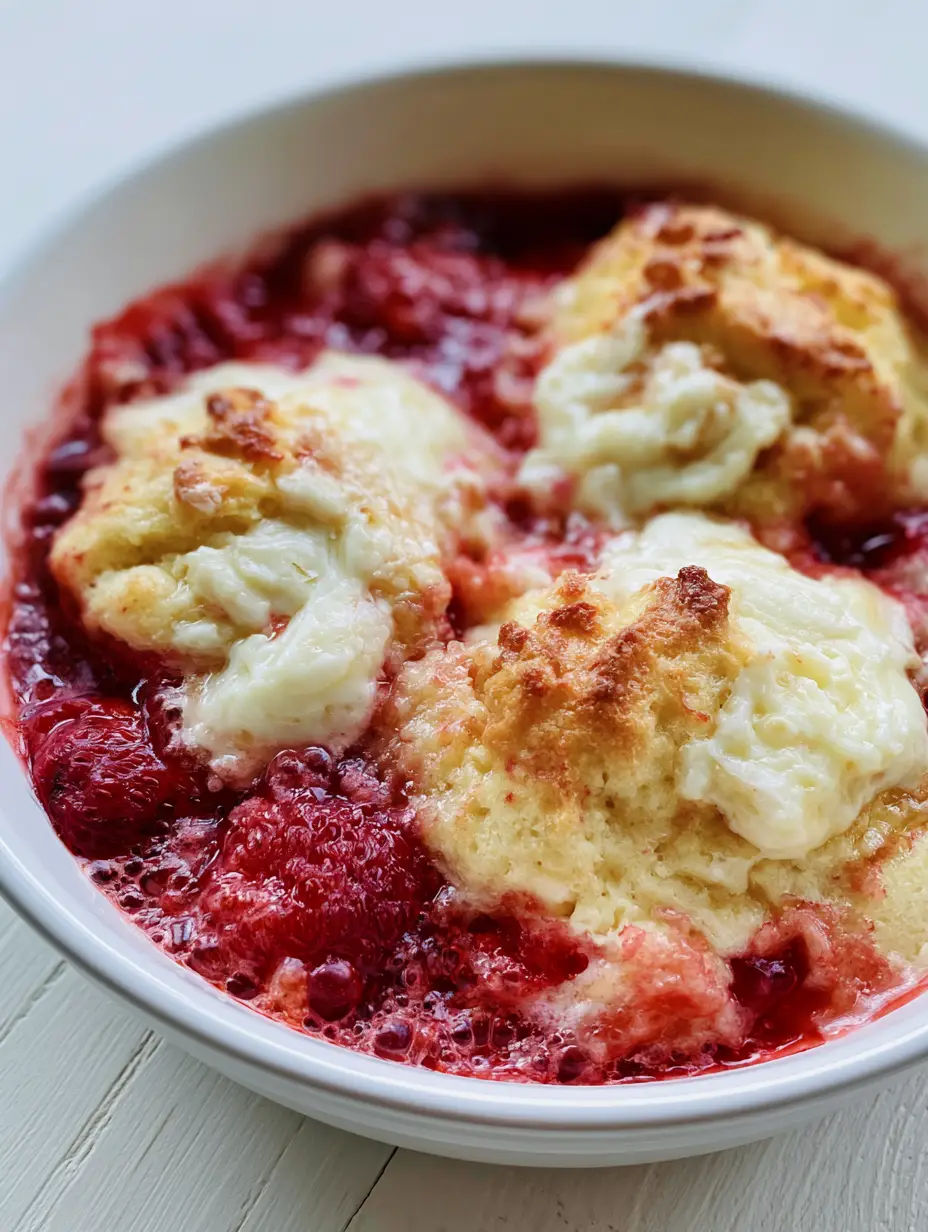 High-resolution smartphone photo of Keto Strawberry Cream Cheese Cobbler showing jammy red berries and thick syrup.