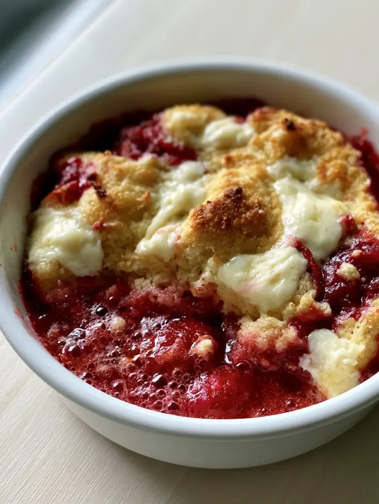 Close-up of the moist buttery crumb and melted cream cheese peaks on the Keto Strawberry Cream Cheese Cobbler.