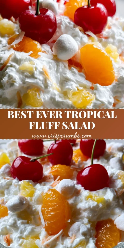 A towering glass bowl of Better Than Sex Fruit Salad topped with bright red maraschino cherries with stems.