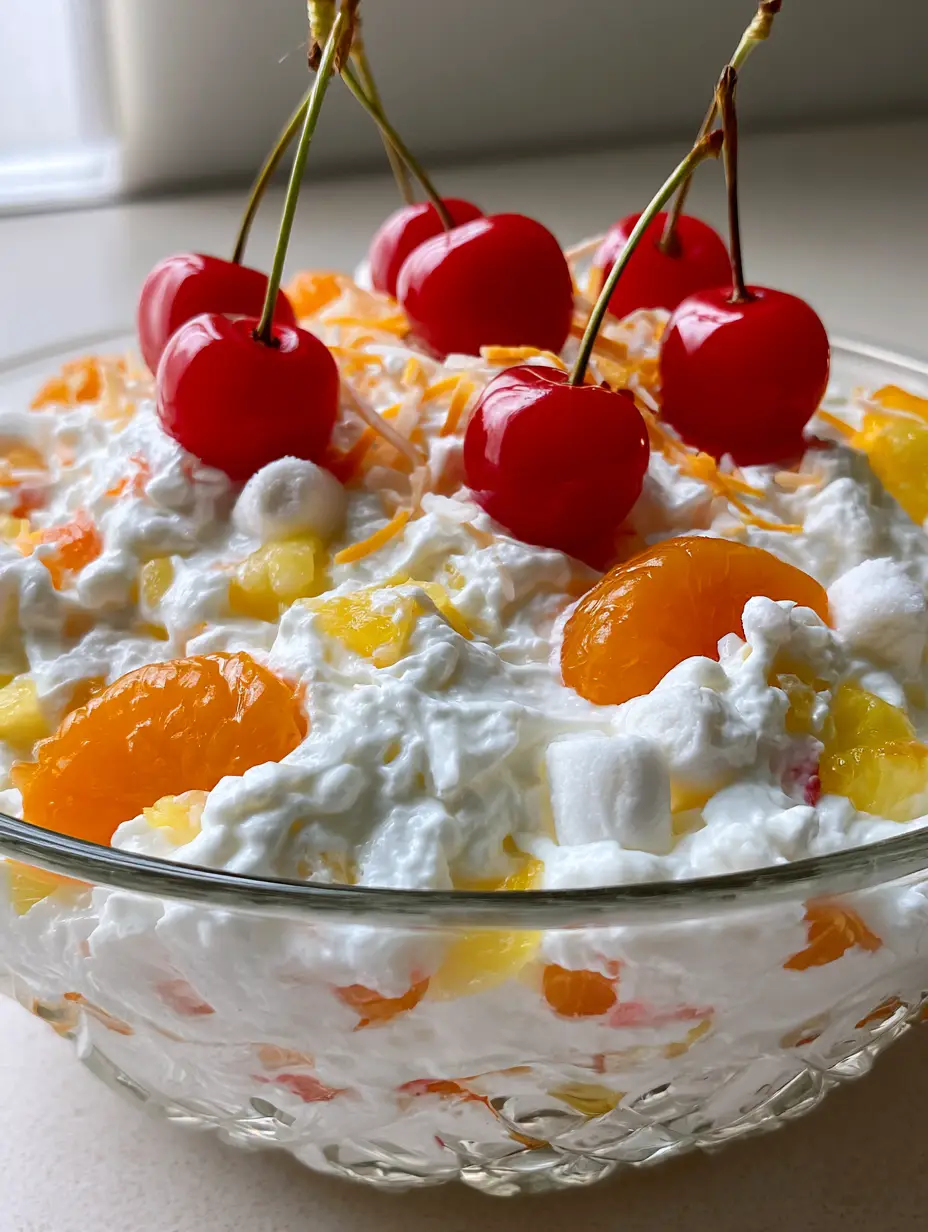 Close up smartphone photo of creamy white fruit fluff salad featuring mandarin oranges and coconut strands. (Better Than Sex Fruit Salad)