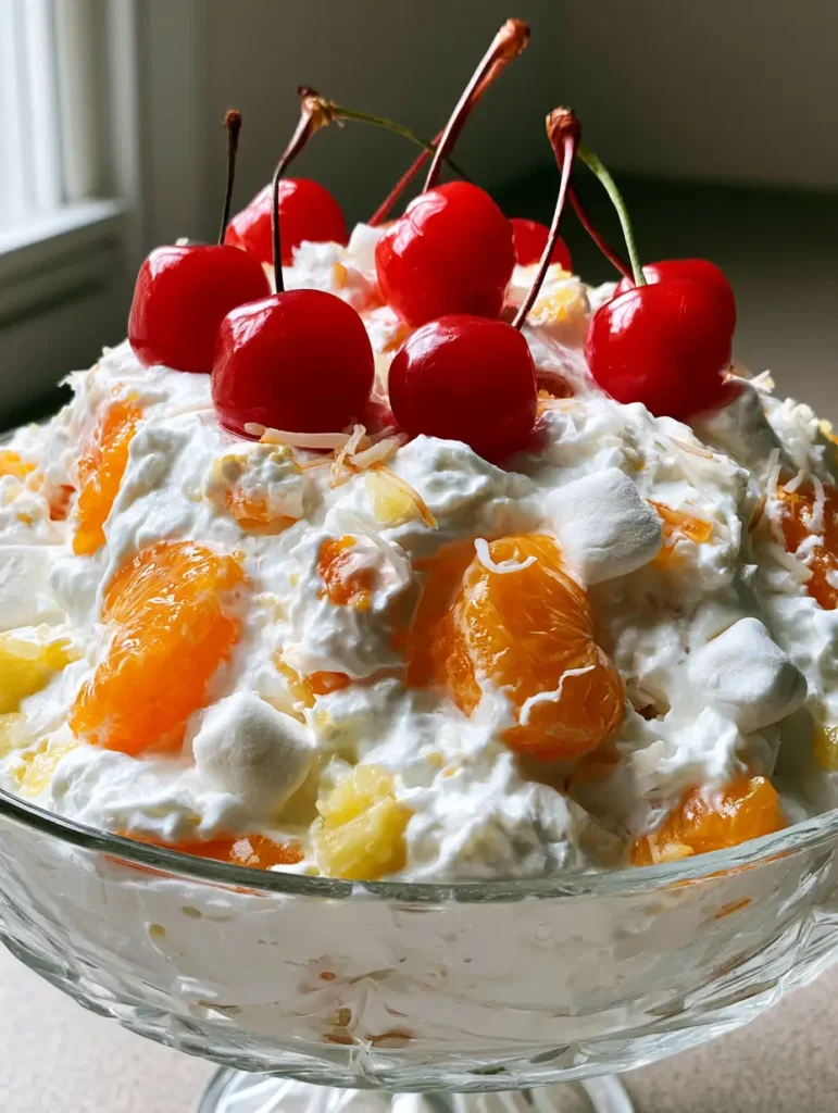 Side view of a clear glass bowl filled with thick white fruit salad garnished with stemmed cherries. (Better Than Sex Fruit Salad)