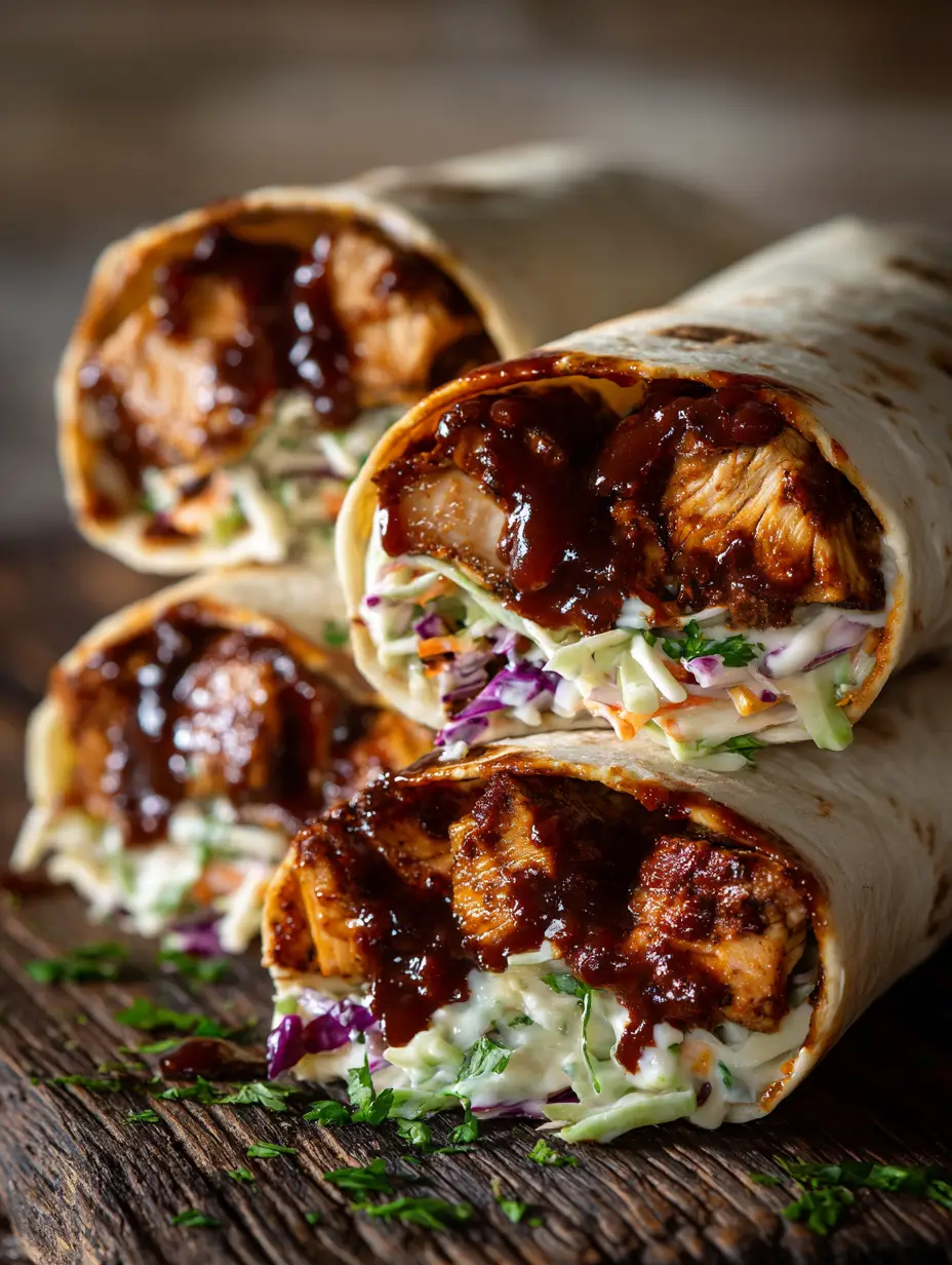 BBQ Chicken Coleslaw Wraps with Smoky Mahogany Sauce 3 Close-up of BBQ Chicken Coleslaw Wraps sliced in half on a rustic wood surface.