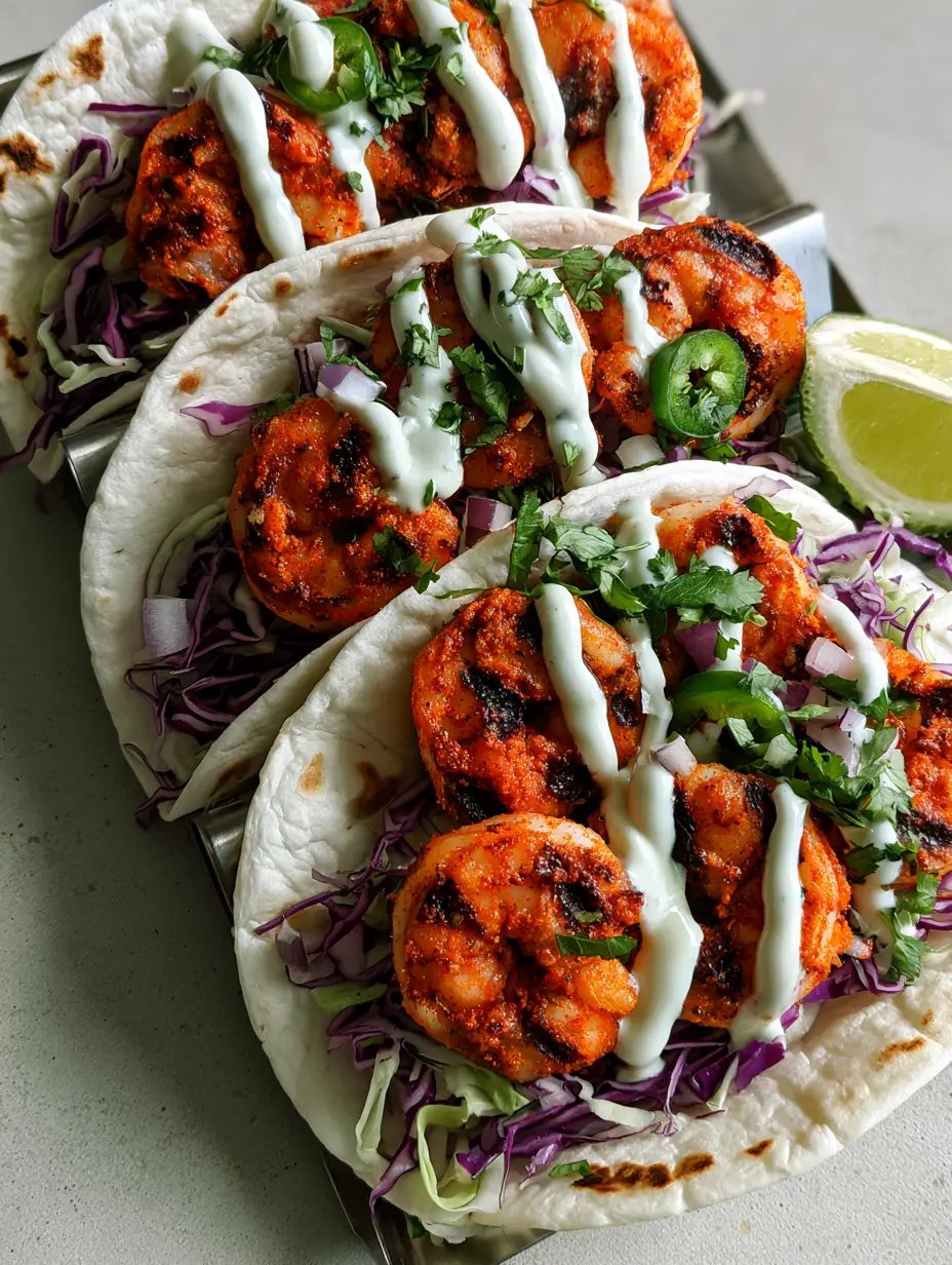 A close-up handheld shot of Grilled Shrimp Tacos with charred marks and vibrant purple cabbage.