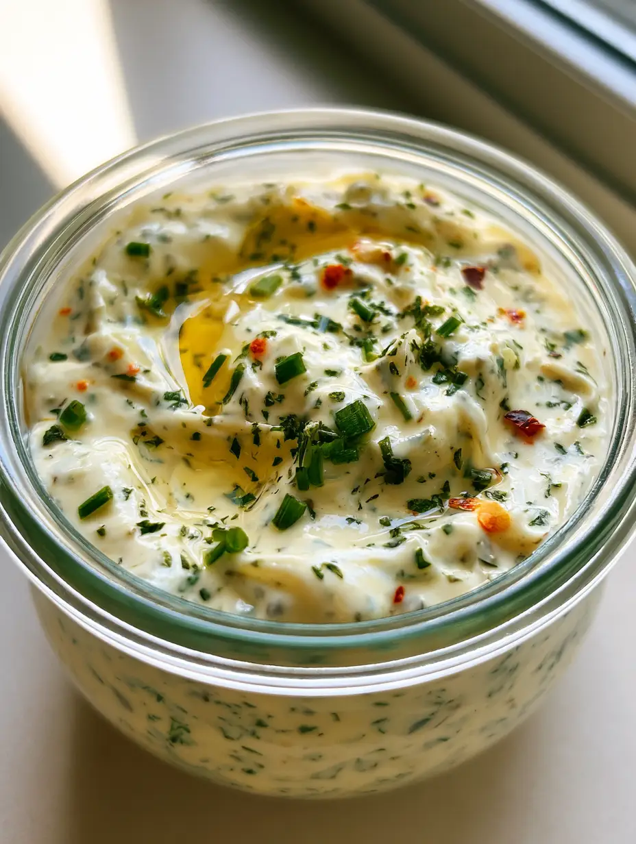 Cowboy Butter Ranch Dressing: The Ultimate Zesty Steakhouse Dip 3 High-angle view of Cowboy Butter Ranch Dressing showing a thick creamy texture and fresh chives. (Cowboy Butter Ranch Dressing)