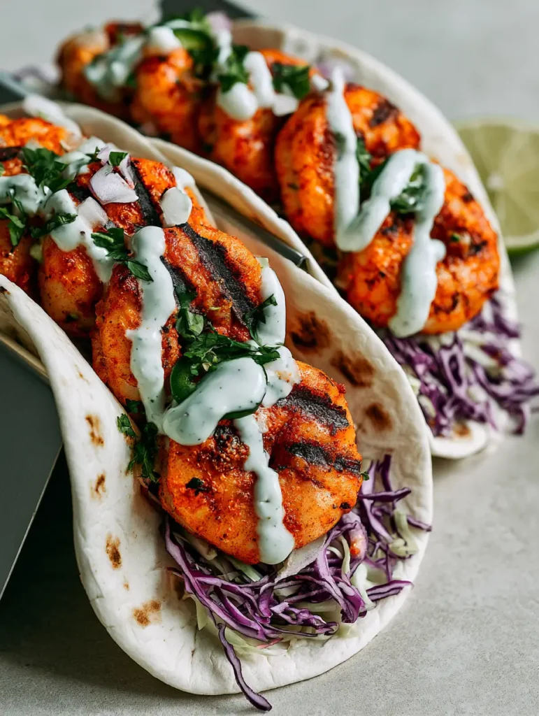 Top view of three Grilled Shrimp Tacos with thick white lime crema zigzag pattern.