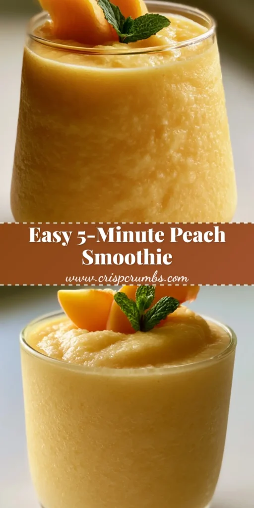 A thick, frosty Peach Smoothie With Frozen Peaches in a clear glass with crescent peach slices and mint garnish.