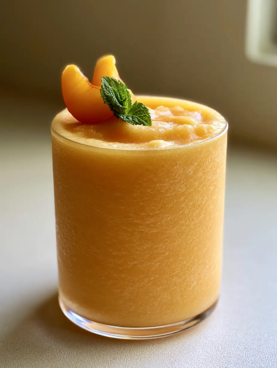 A velvety Peach Smoothie With Frozen Peaches under natural daylight, showcasing a pale orange hue.