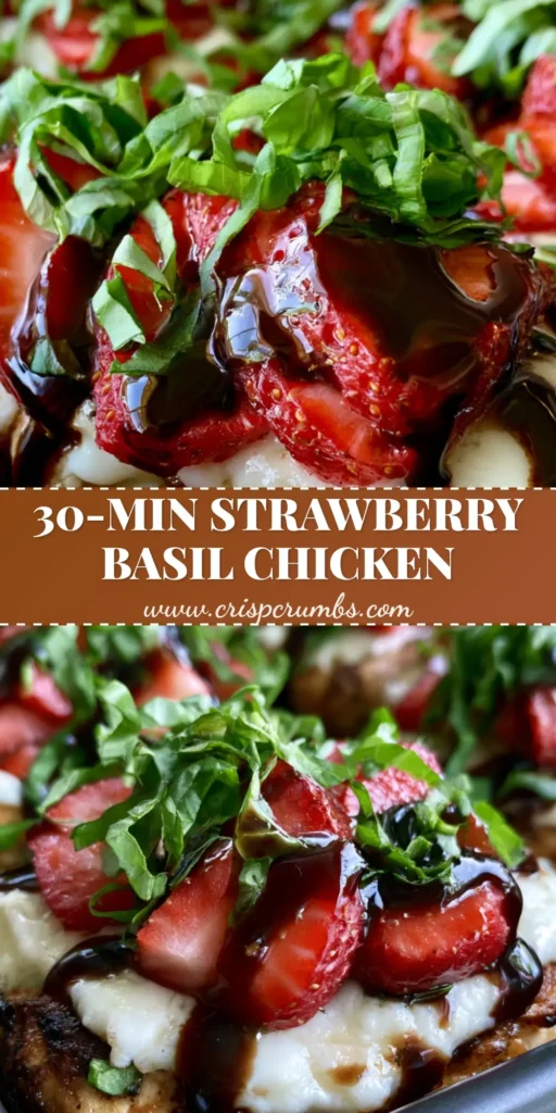 A close-up of Strawberry Basil Chicken in a dark ceramic dish, featuring golden seared chicken, melted mozzarella, and fresh strawberry slices with balsamic drizzle.