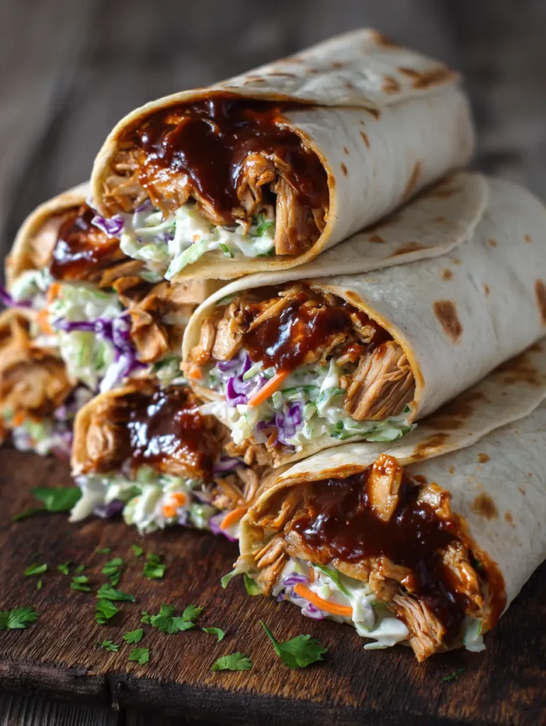 BBQ Chicken Coleslaw Wraps with Smoky Mahogany Sauce 1 Artistically arranged BBQ Chicken Coleslaw Wraps with fresh cilantro garnish.