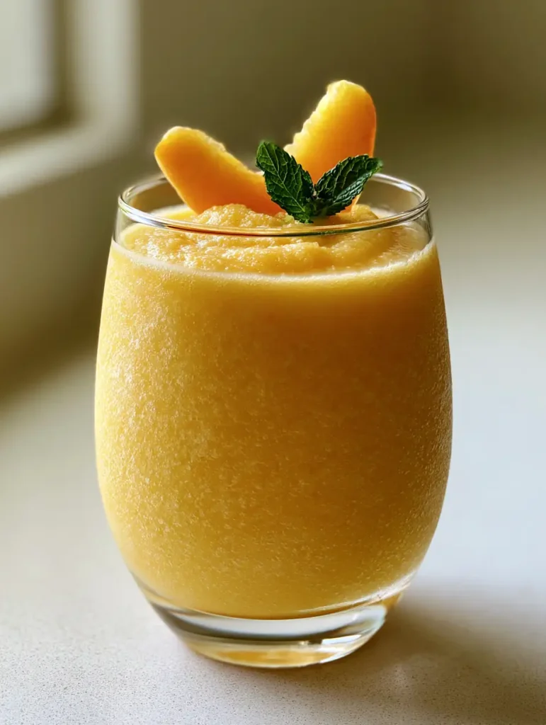 Close up of the garnish on a Peach Smoothie With Frozen Peaches including mint and peach crescents.