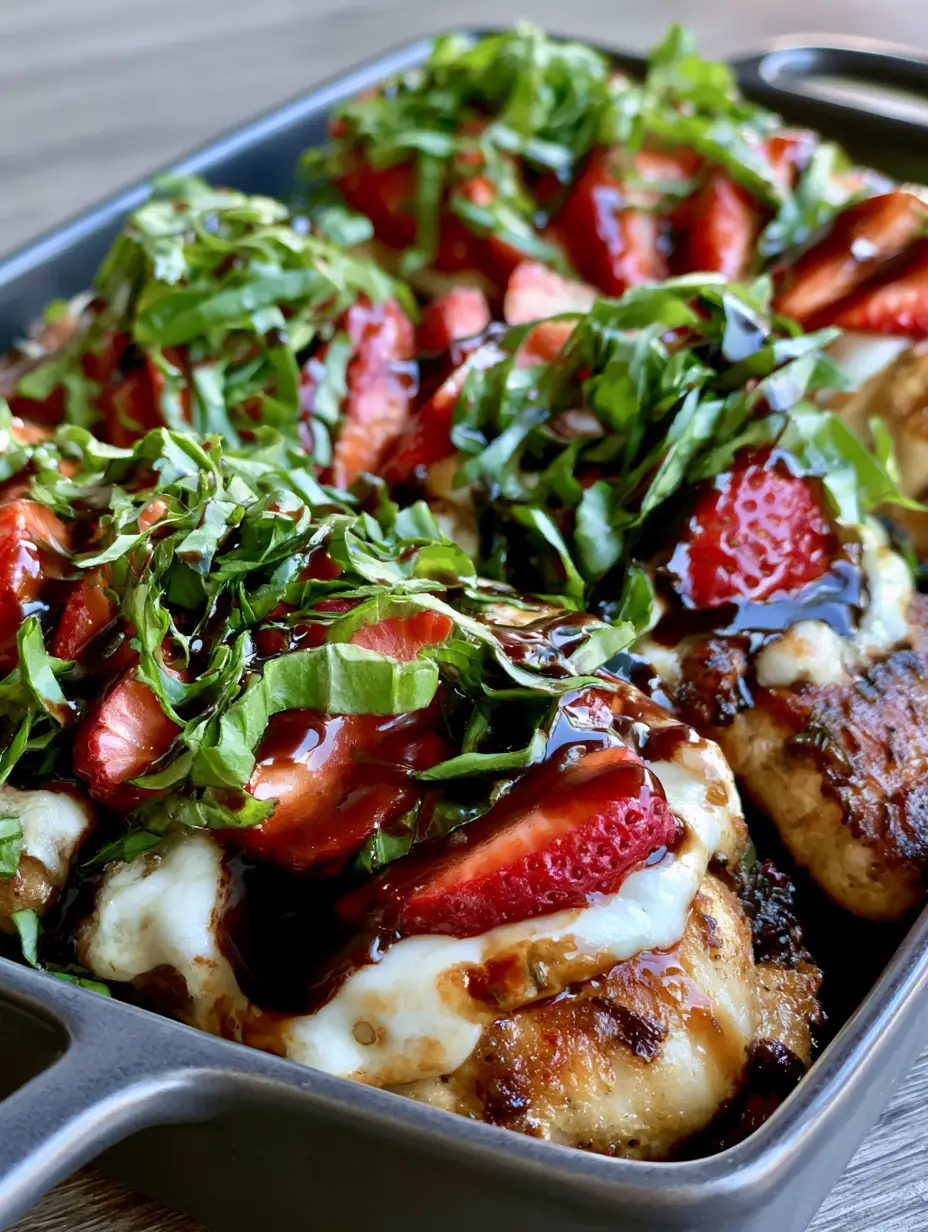 A handheld photo of Strawberry Basil Chicken in a dark grey ceramic dish with bubbly mozzarella and vibrant basil ribbons.