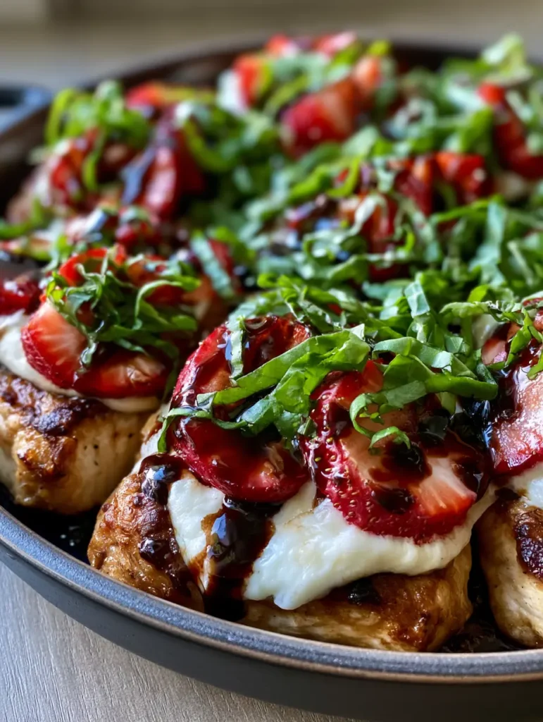 Detailed shot of the thick balsamic glaze drizzled over melted mozzarella and fresh strawberries on seared chicken breasts.