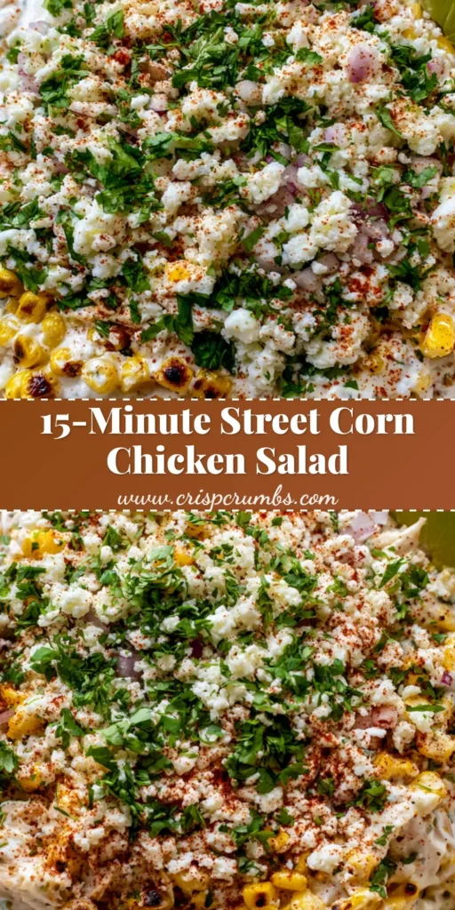 A close-up of Mexican Street Corn Chicken Salad in a white bowl with lime wedges and chili powder dusting.
