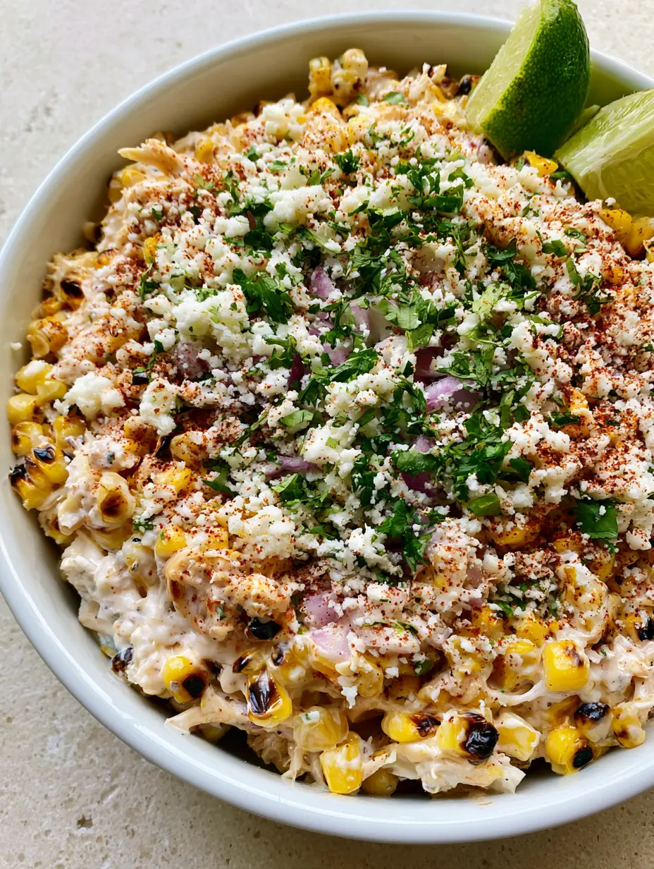 Top-down view of Mexican Street Corn Chicken Salad highlighting the charred corn and creamy dressing texture.