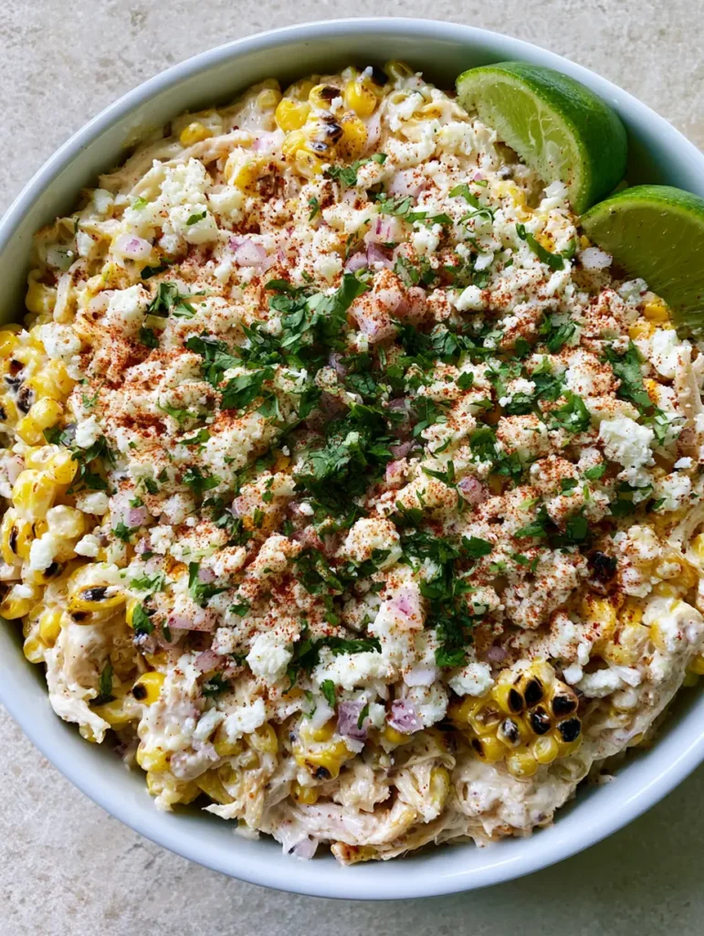 Mexican Street Corn Chicken Salad garnished with red onion, cilantro, and chili powder.