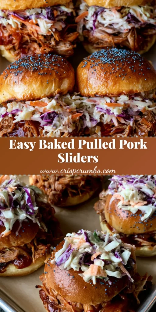 A close-up of three Pulled Pork Sliders on a parchment-lined silver tray, showing the glossy BBQ sauce, vibrant slaw, and poppy-seeded golden-brown rolls.