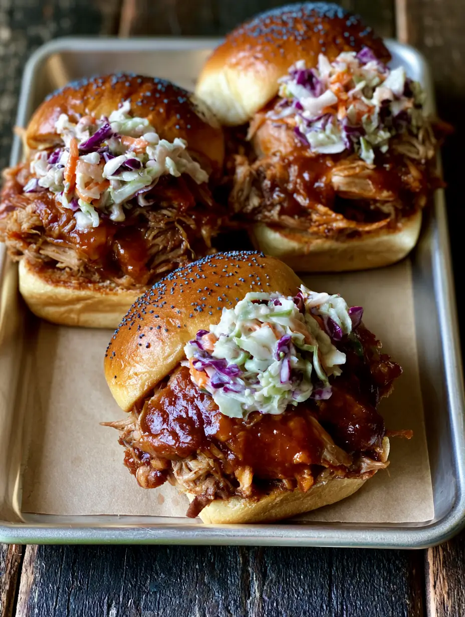 Top-down photo of Pulled Pork Sliders on a silver tray over a dark rustic wood background, highlighting the golden-brown Hawaiian rolls.