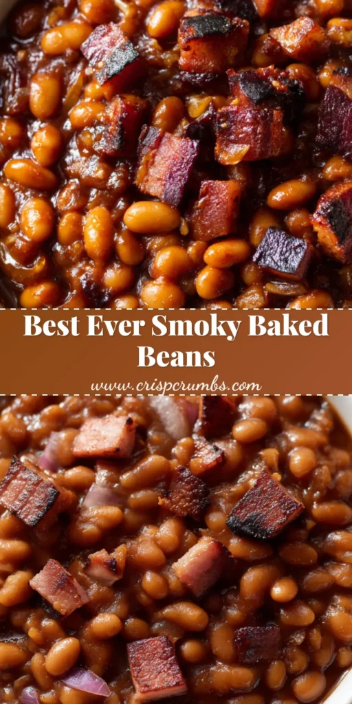 Easy Canned Baked Beans with Smoky Bacon and Rich Molasses 4 A close-up vertical shot of Easy Canned Baked Beans in a white bowl showing charred bacon cubes and a glossy reddish sauce.