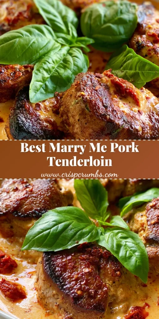 Marry Me Pork Tenderloin with Creamy Sun-Dried Tomato Sauce 4 A close-up vertical shot of Marry Me Pork Tenderloin medallions in a creamy orange sauce with basil leaves.